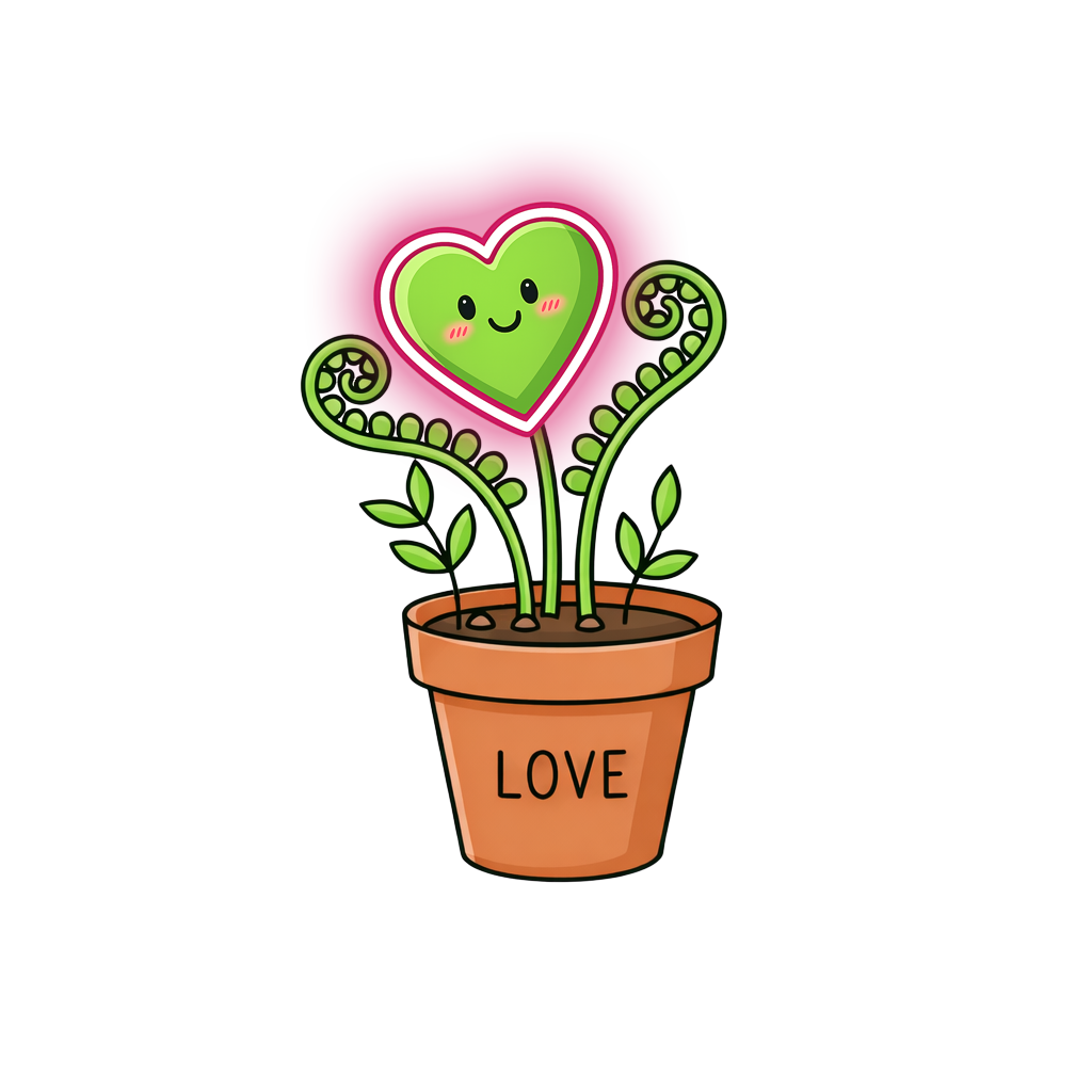 The Love Fern mascot: a potted fern with a glowing green heart, its pot labelled LOVE