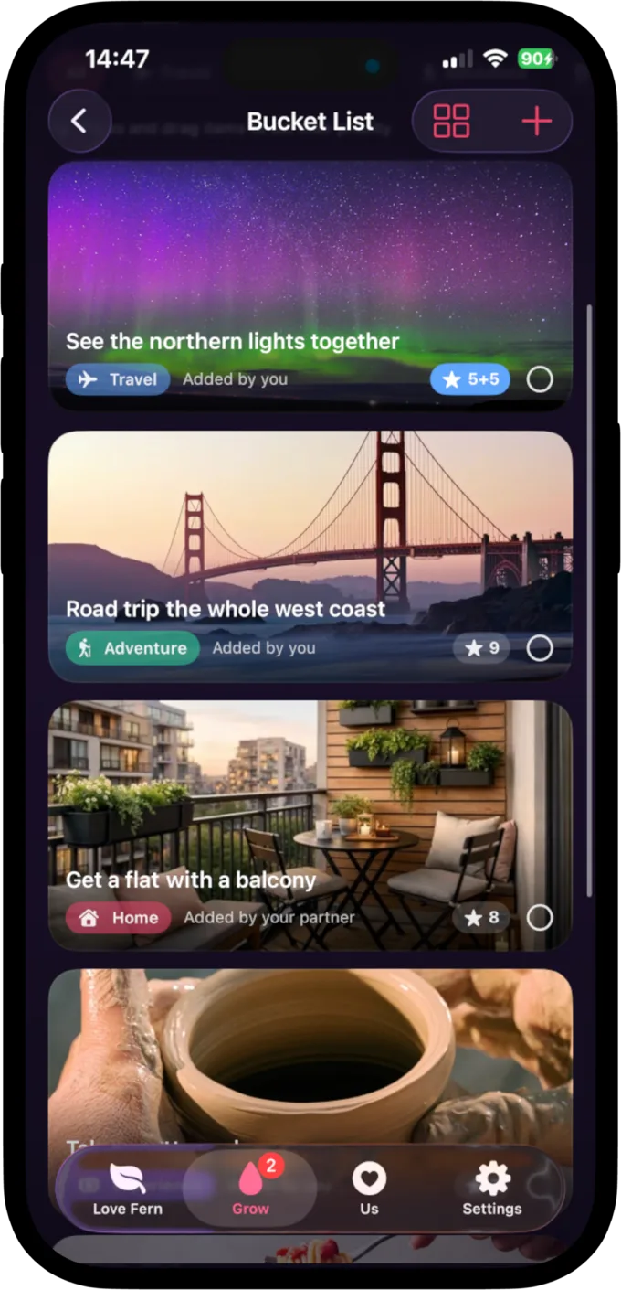 Your shared bucket list of dreams to do together, with photo cards and ratings