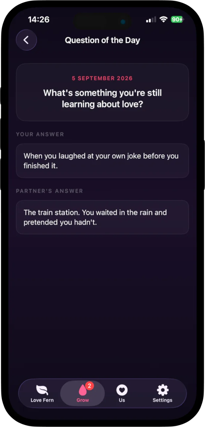 The question of the day with your answer and your partner's answer side by side