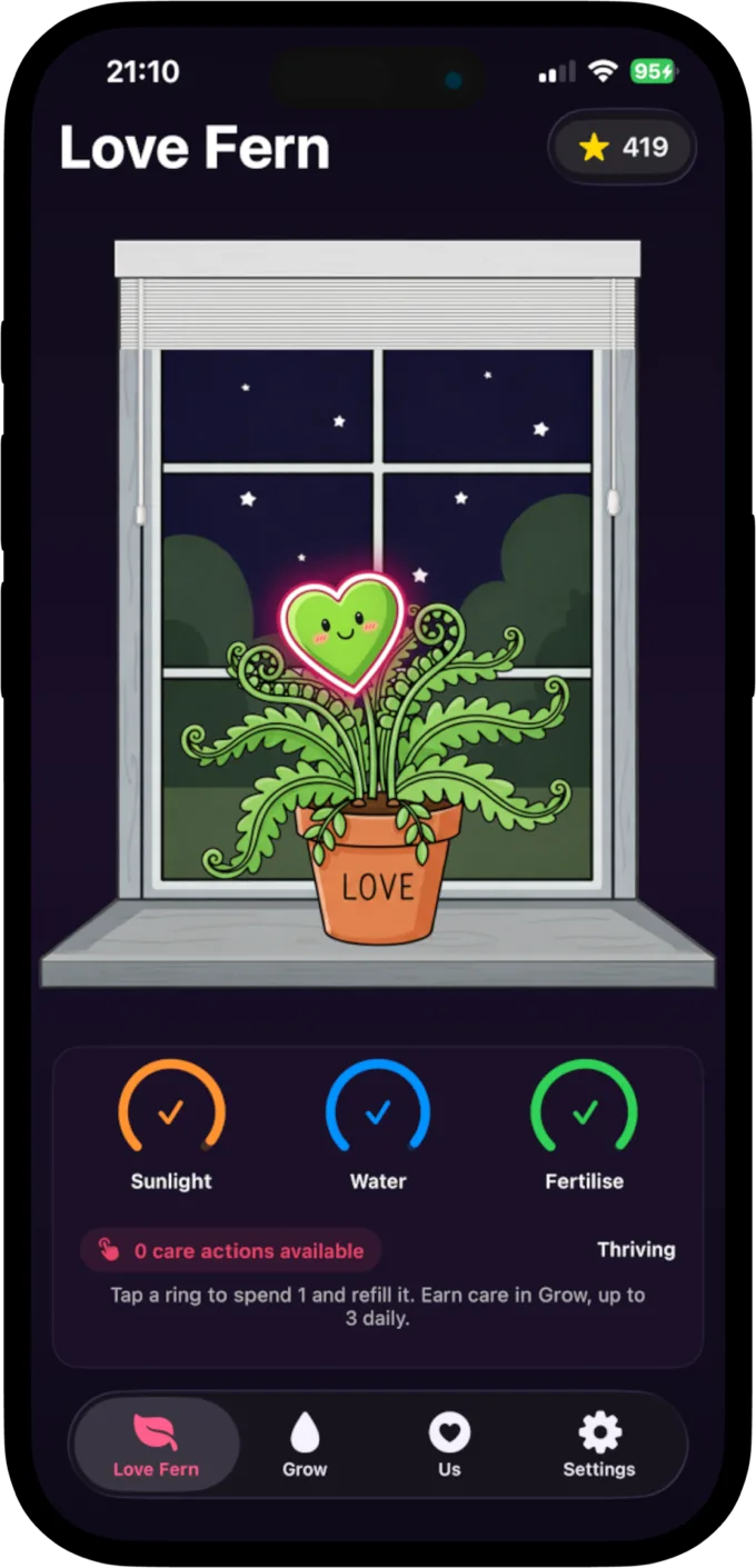 The shared Love Fern growing on its windowsill with care rings