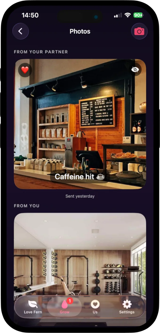 Photo messages from your partner and from you, each with a caption